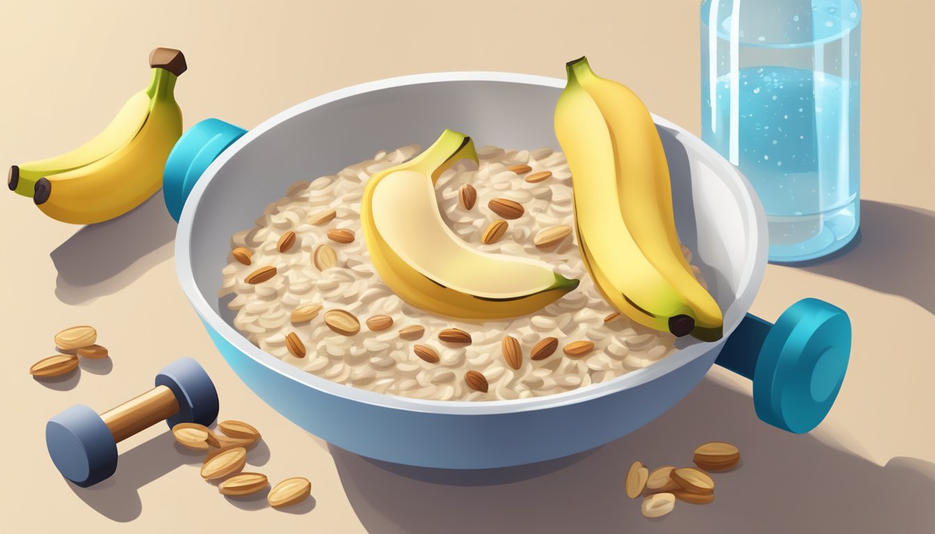 A steaming bowl of oatmeal with sliced bananas and a sprinkle of nuts, next to a water bottle and a set of dumbbells