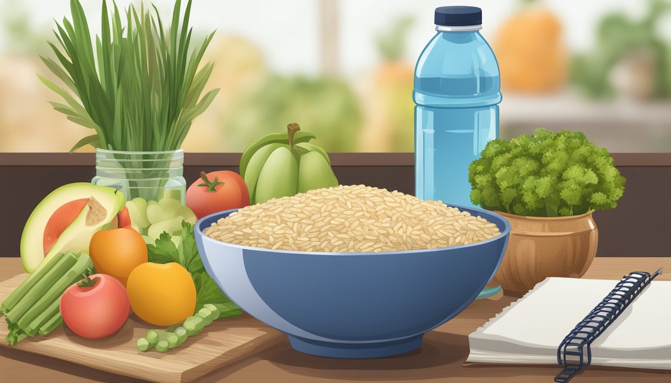 A bowl of brown rice surrounded by fruits and vegetables, with a water bottle nearby