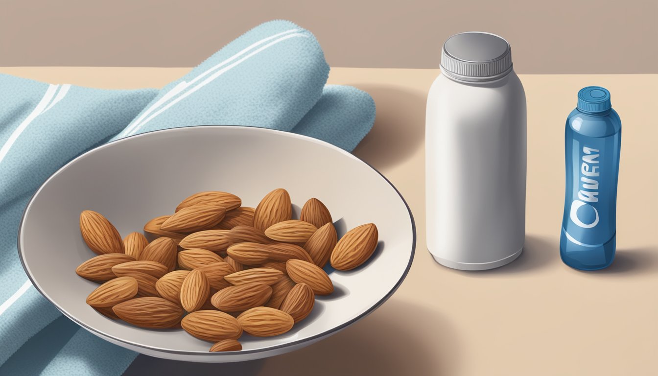 A bowl of almonds next to a water bottle and a gym towel