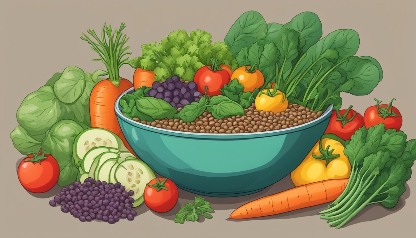 A colorful bowl filled with lentils, spinach, tomatoes, and carrots, surrounded by a variety of fresh vegetables and fruits