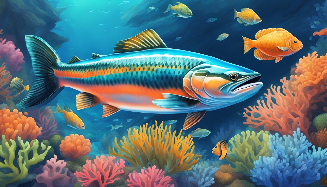 A vibrant salmon swimming gracefully through a clear, blue ocean, surrounded by colorful coral and other marine life