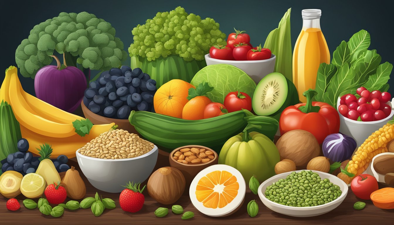 A colorful array of fruits, vegetables, legumes, nuts, and grains arranged on a table, showcasing the variety of foods available for a nutrient-rich vegan diet