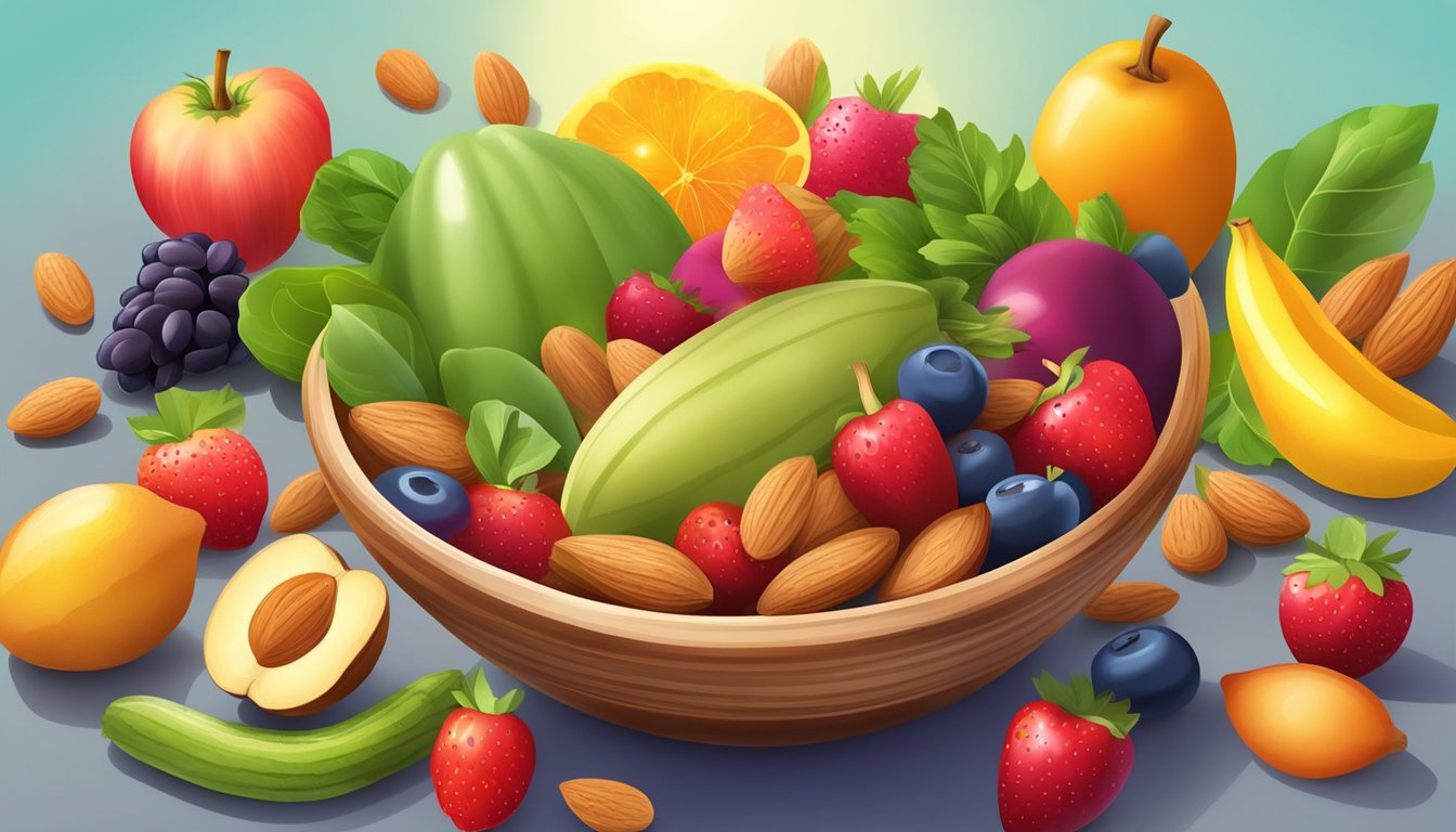 A bowl of almonds surrounded by vibrant, colorful fruits and vegetables, with a bright spotlight shining on the almonds