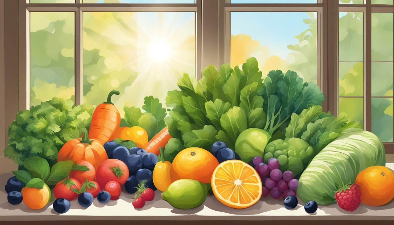 A colorful array of fruits and vegetables, including leafy greens, berries, carrots, and citrus, arranged on a table. Sunlight streaming in through a window illuminates the vibrant produce