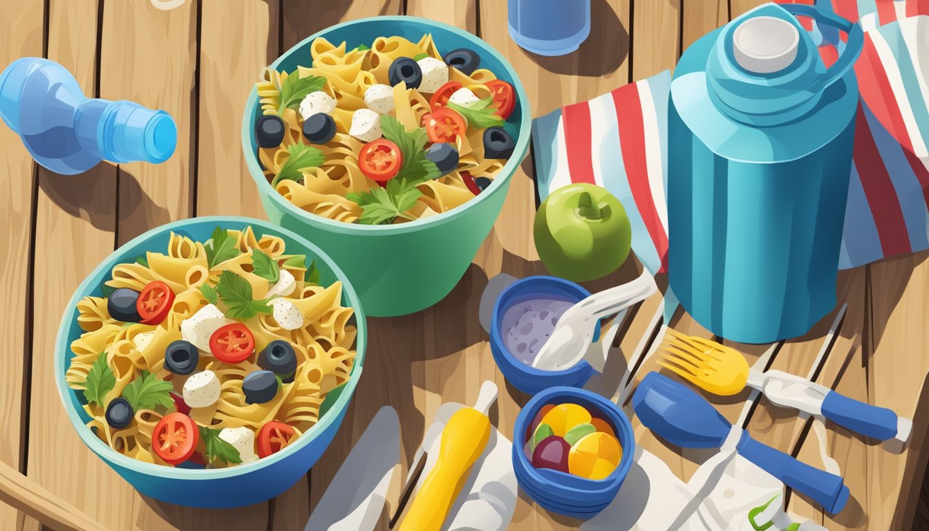 A colorful bowl of whole-grain pasta salad surrounded by sports equipment and water bottles on a sunny outdoor picnic table