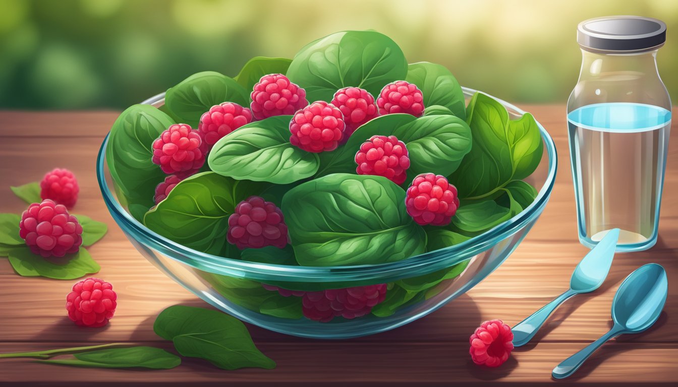 A bowl of fresh spinach surrounded by vibrant red raspberries and a glass of water on a wooden table