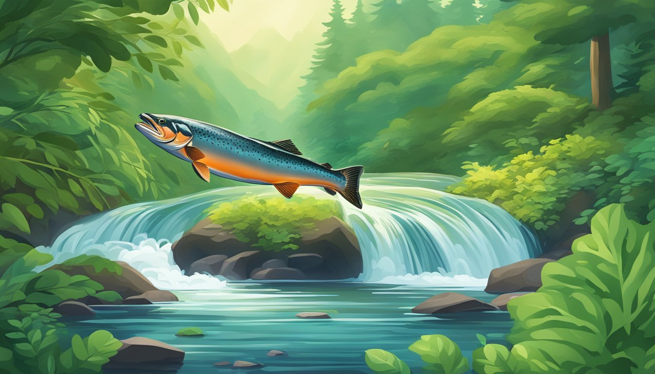 A serene river with a leaping salmon surrounded by vibrant green foliage