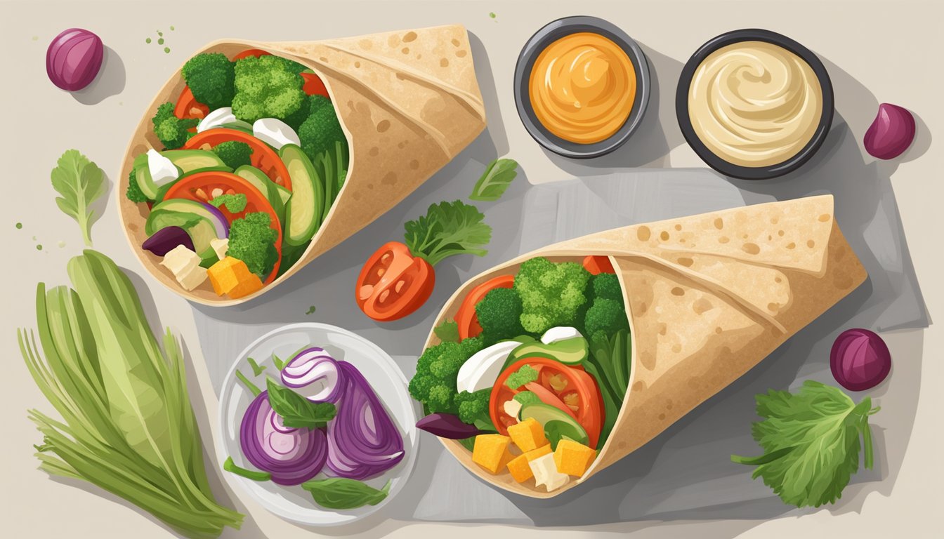 A colorful array of fresh vegetables and a creamy scoop of hummus wrapped in a whole grain tortilla