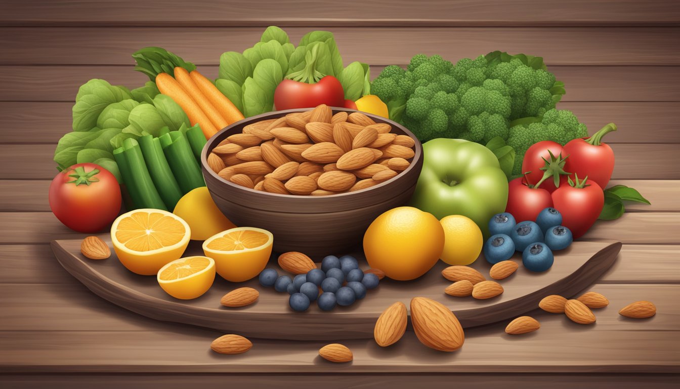 A bowl of almonds surrounded by fresh fruits and vegetables on a wooden table