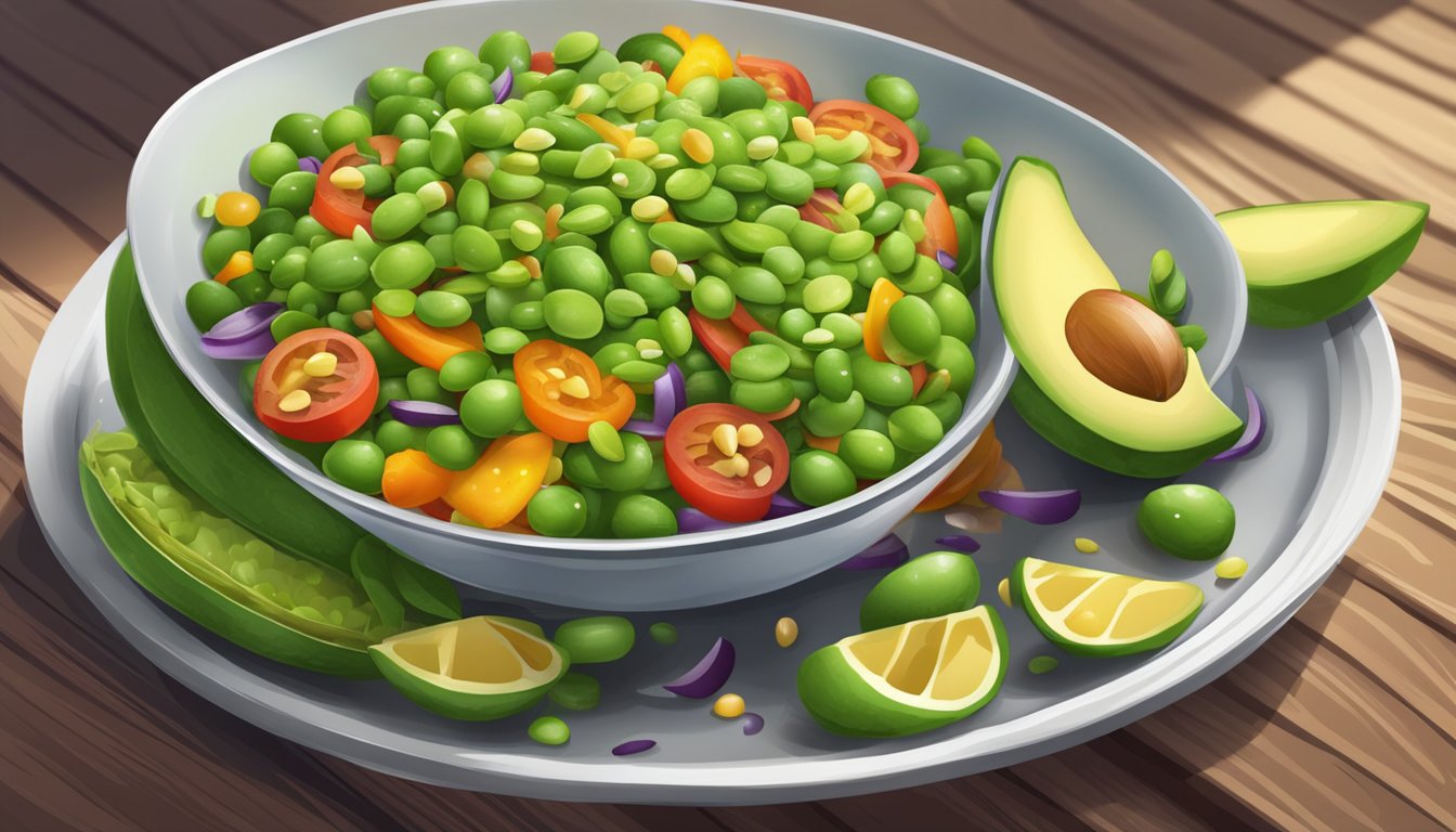 A bowl of edamame and avocado salad with colorful vegetables and a sprinkle of seeds, set on a wooden table