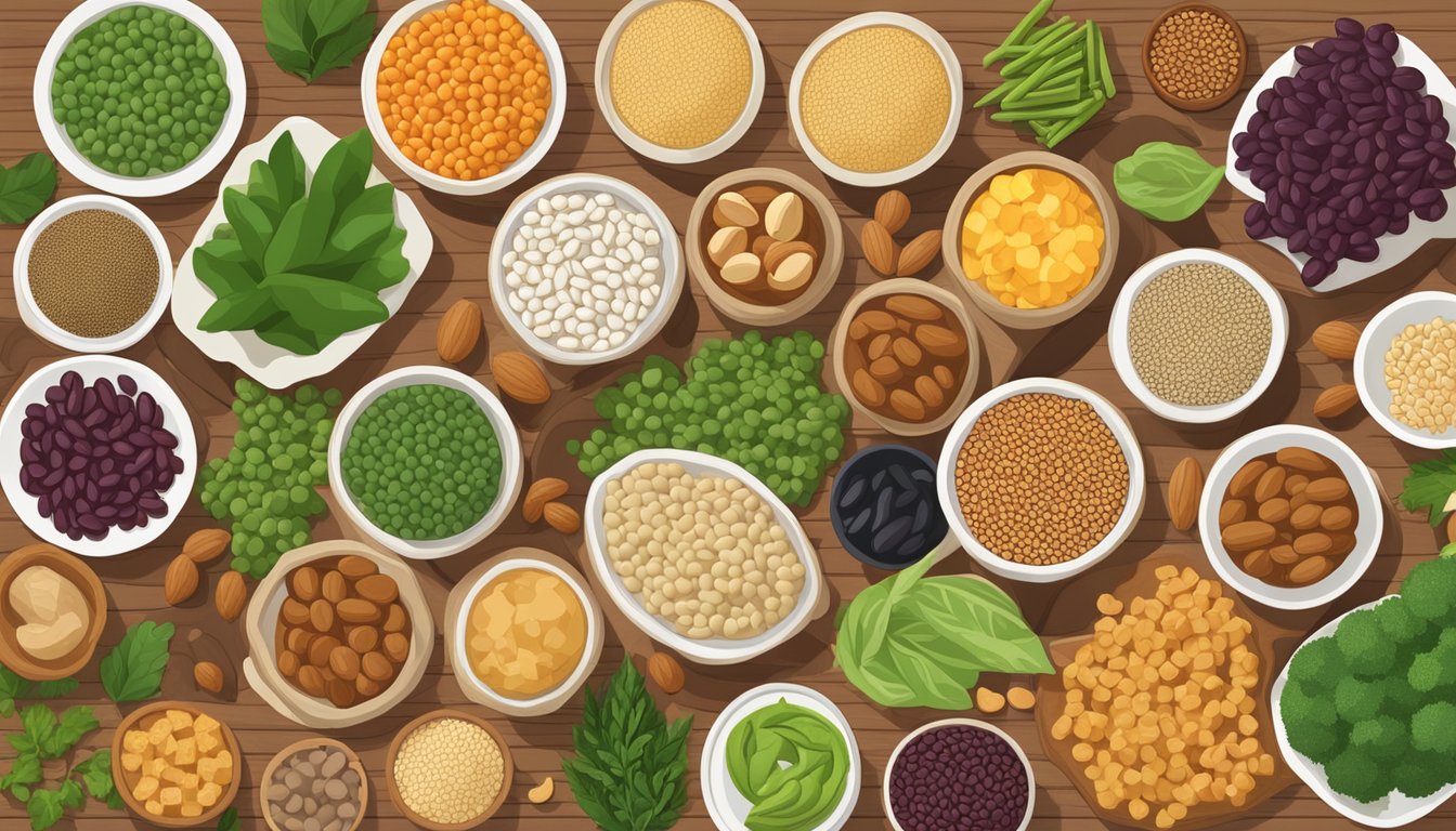 A colorful array of plant-based foods, including beans, lentils, tofu, quinoa, and nuts, arranged on a wooden cutting board