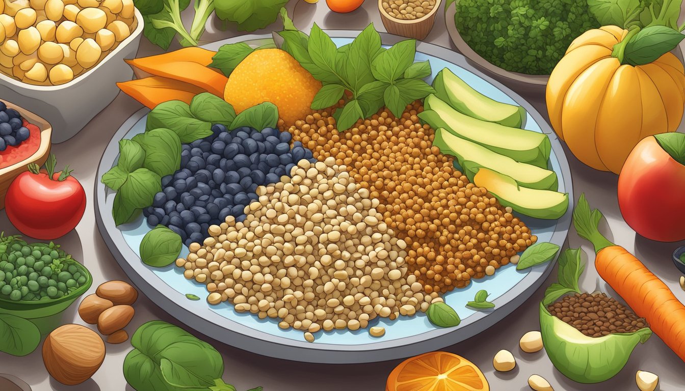 A colorful array of quinoa, lentils, chickpeas, tofu, nuts, and seeds arranged on a plate, surrounded by vibrant fruits and vegetables