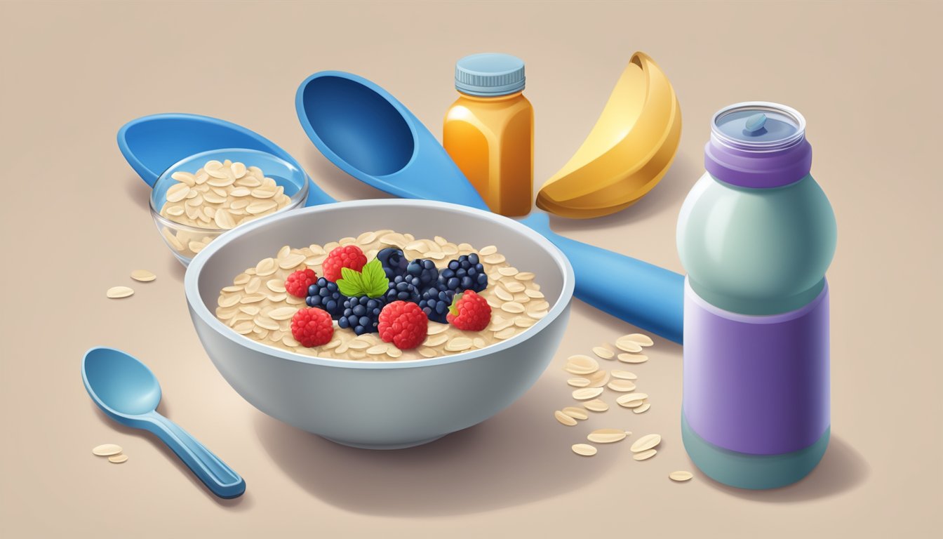 A bowl of oatmeal topped with fresh berries, surrounded by sports equipment and a water bottle