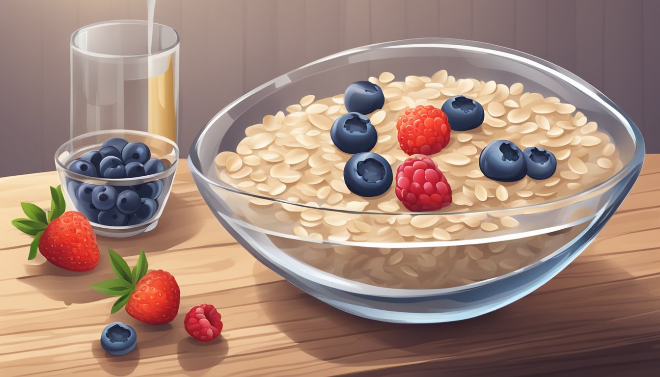 A bowl of oatmeal topped with fresh berries and a glass of water on a wooden table