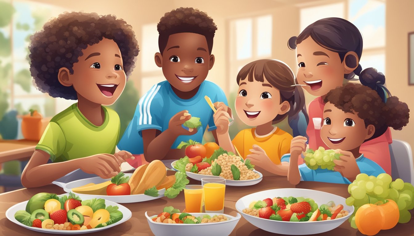 A group of kids enjoying a balanced meal and healthy snacks before a sports game, including fruits, vegetables, and whole grains