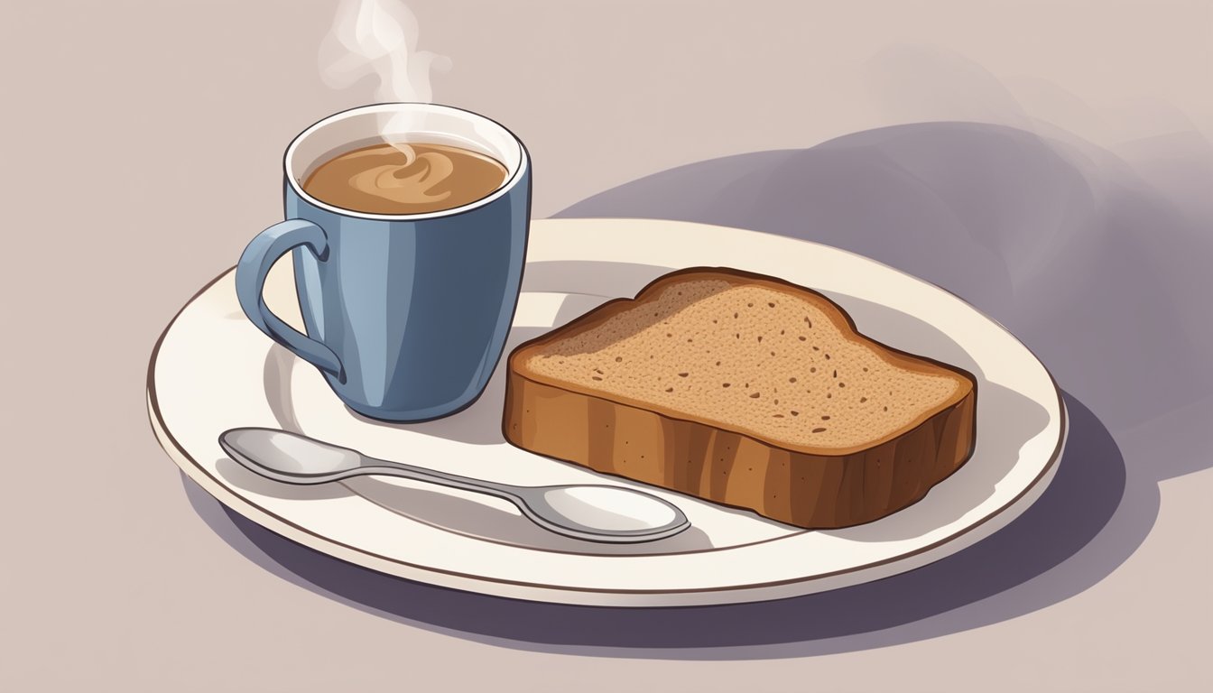 A slice of whole grain toast topped with almond butter on a plate next to a steaming cup of tea