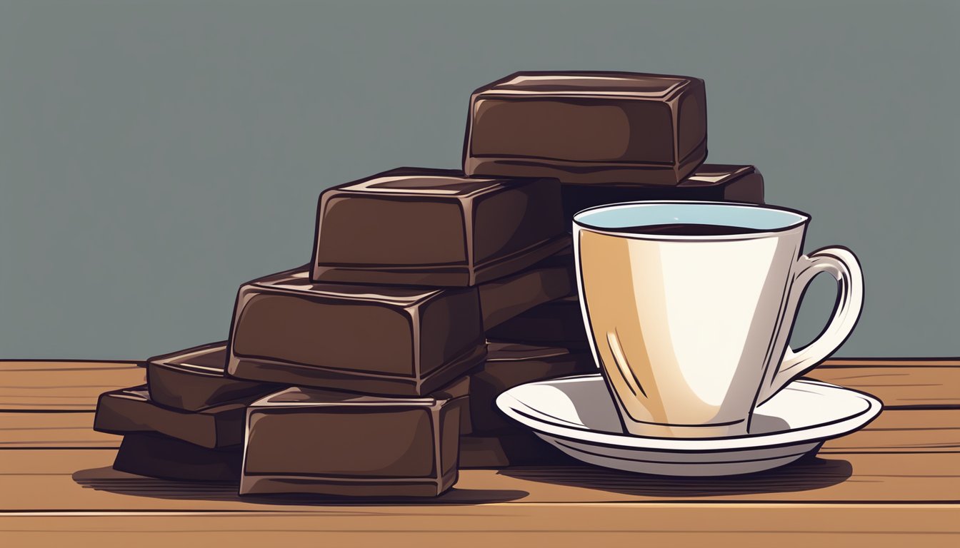 A stack of dark chocolate squares on a wooden desk beside a pile of books and a steaming mug of coffee