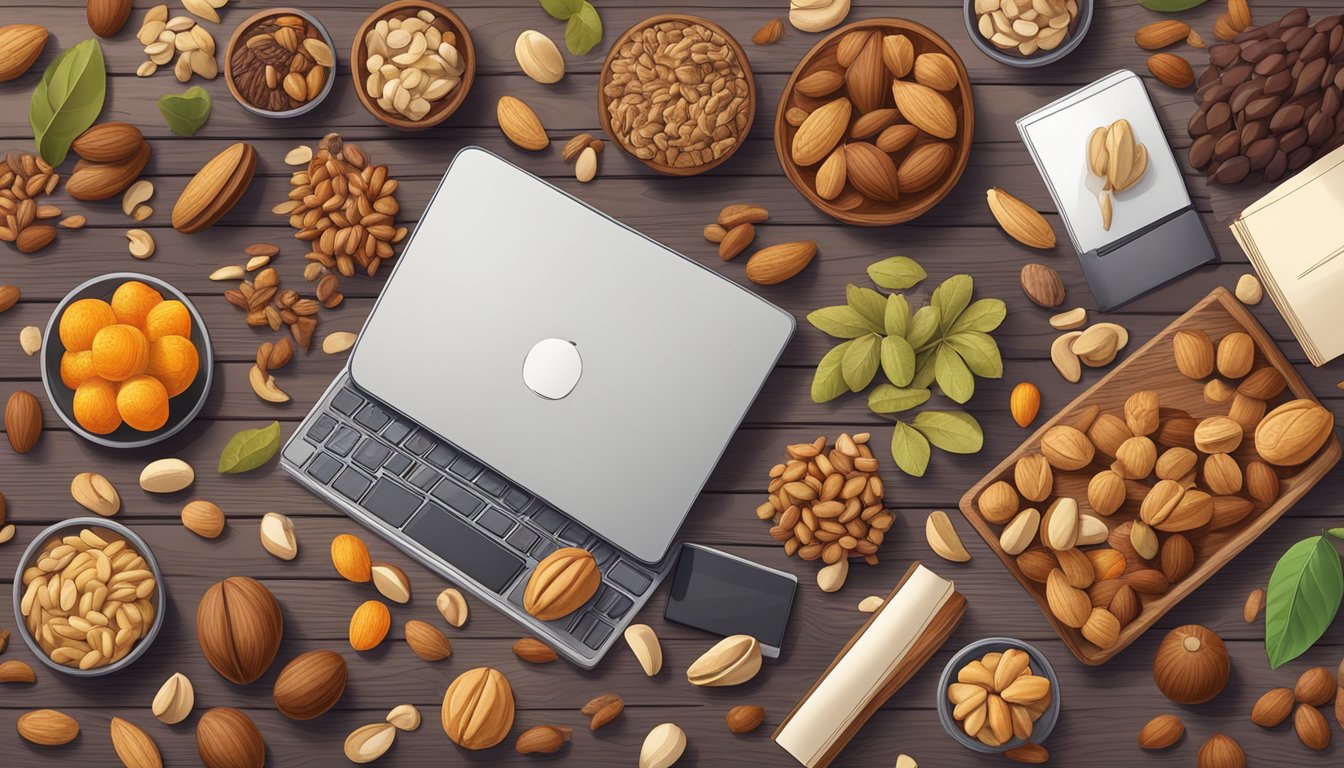 A variety of nuts, seeds, and dried fruits scattered on a wooden table next to a pile of books and a laptop