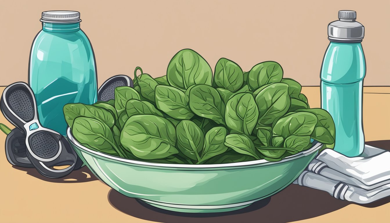 A bowl of fresh spinach surrounded by athletic equipment and a water bottle