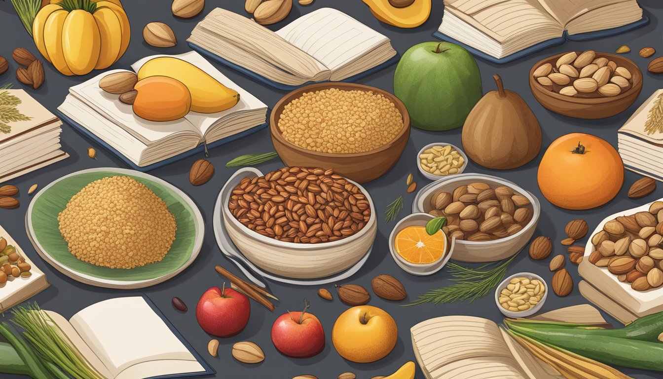 A table filled with whole grains, fruits, nuts, and vegetables, surrounded by books and notebooks