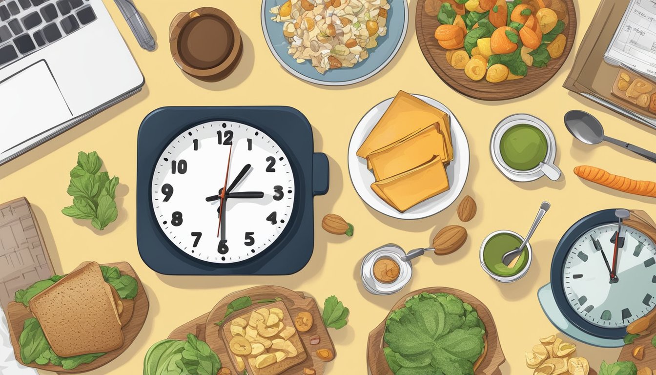 A cluttered desk with healthy snacks and a clock showing meal times