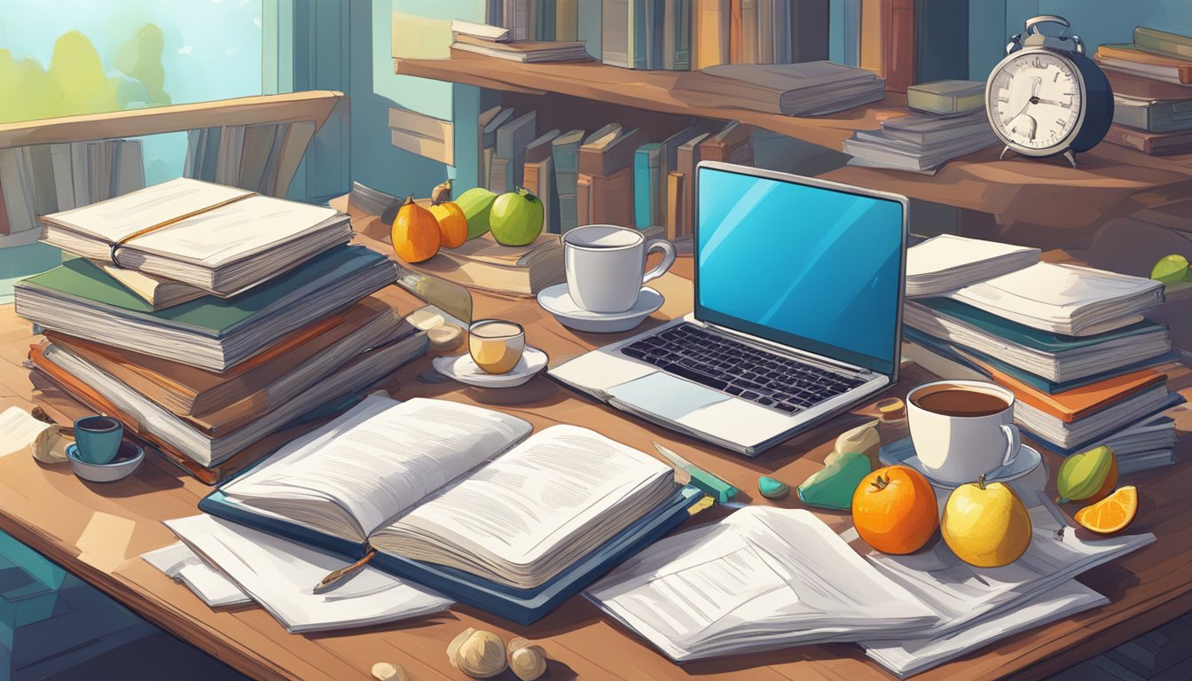 A desk scattered with water bottles, fruits, nuts, and a steaming mug of tea, surrounded by stacks of books and papers