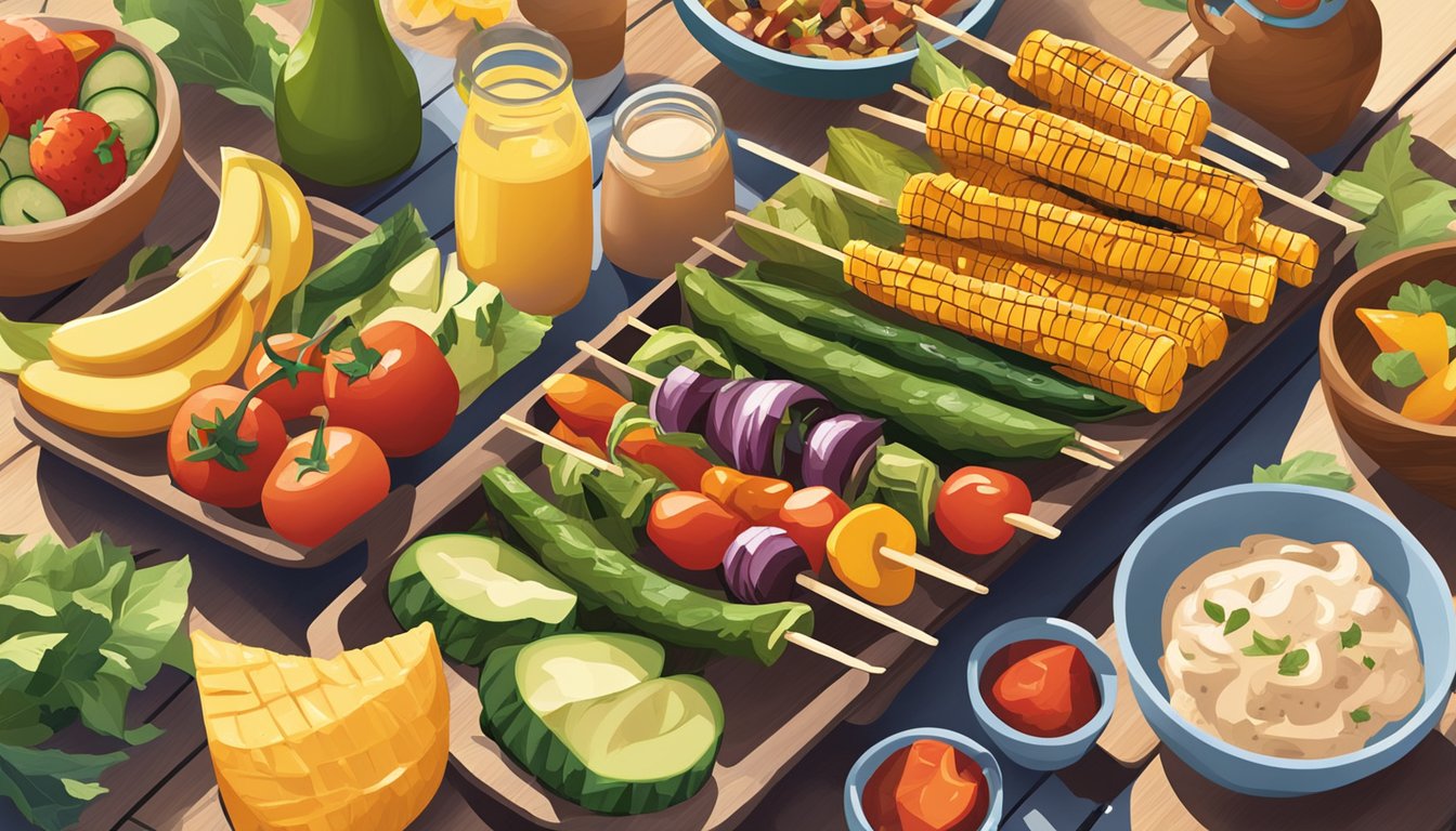 A colorful spread of grilled vegetables, fruit skewers, and lean protein options displayed on a picnic table with a backdrop of a sunny outdoor tailgate setting