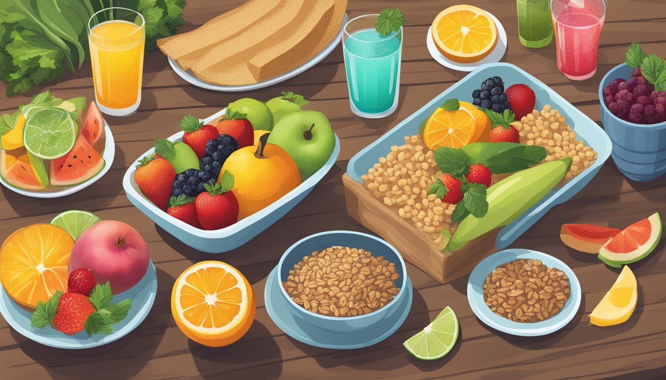 A spread of colorful fruits, veggies, and whole grain snacks arranged on a wooden table, accompanied by a variety of refreshing beverages like infused water and herbal teas