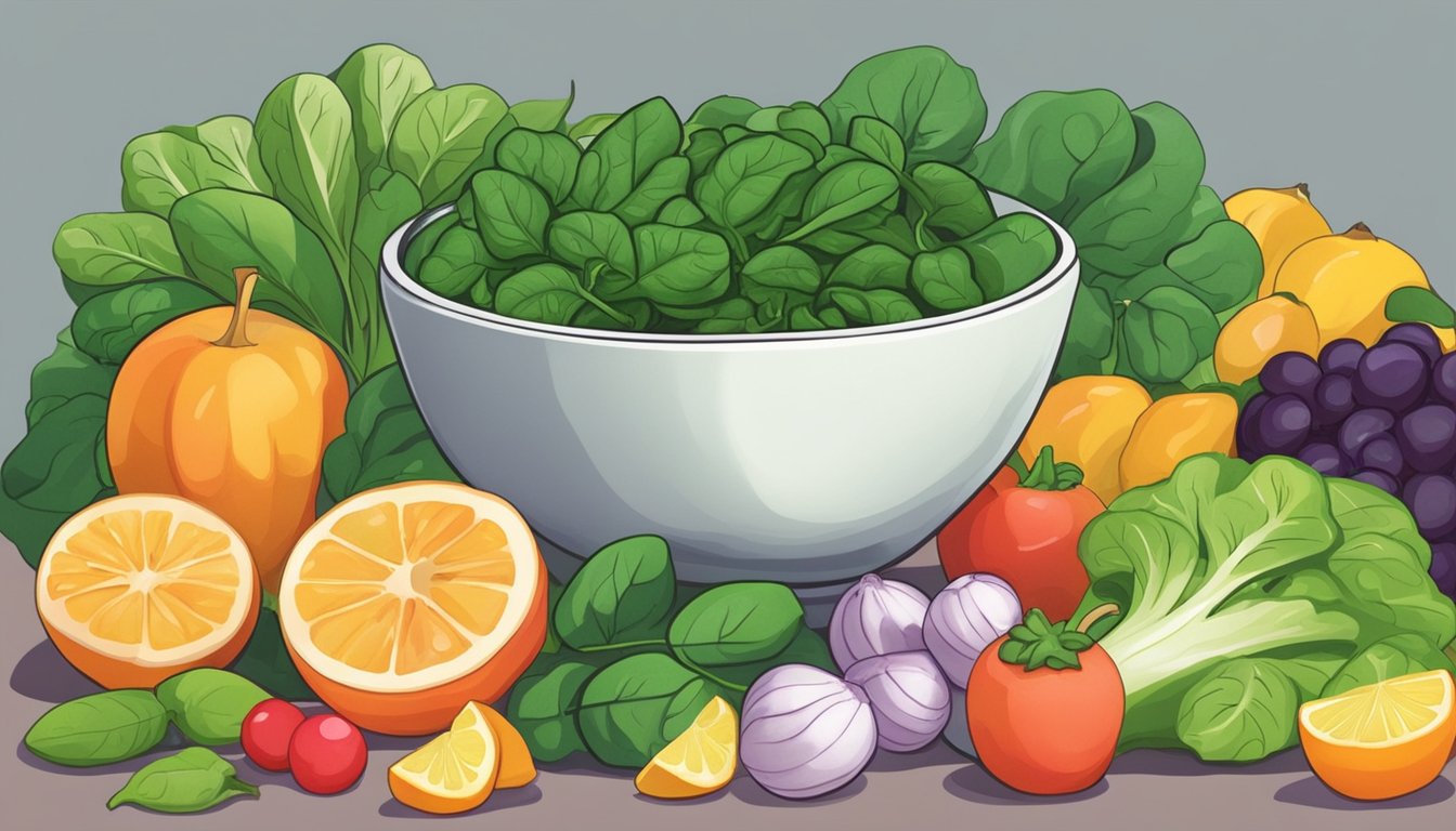 A bowl of fresh spinach surrounded by colorful fruits and vegetables on a kitchen counter