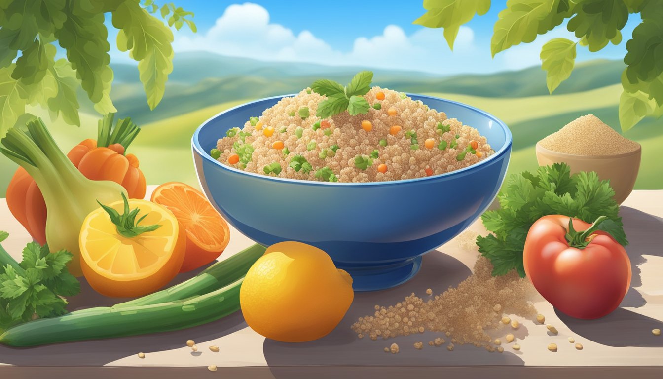 A bowl of quinoa surrounded by fresh vegetables and fruits, with a clear blue sky and a gentle breeze in the background