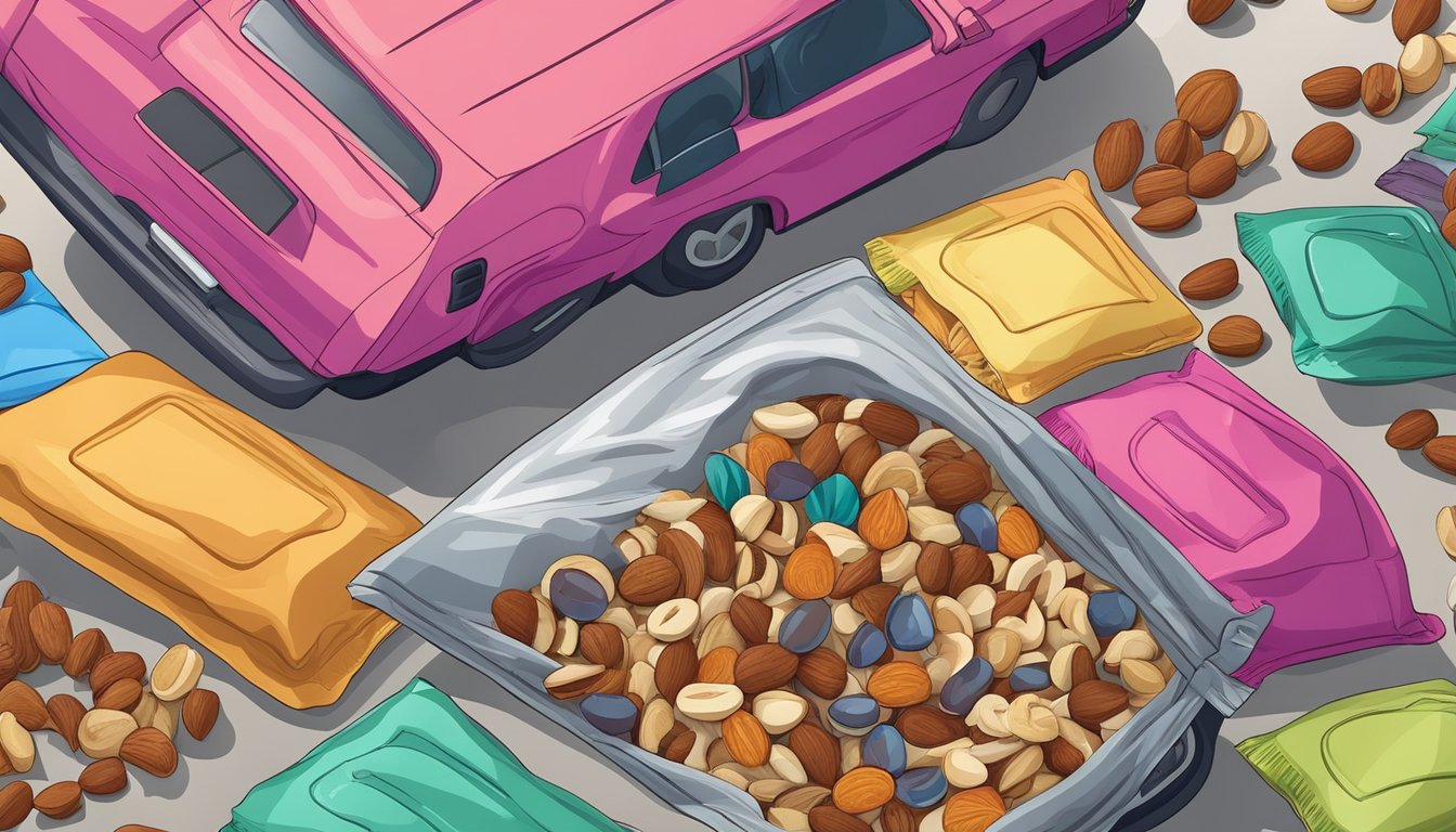 A colorful assortment of nuts, seeds, and dried fruits spills out of a resealable bag onto a car seat, ready for a road trip snack