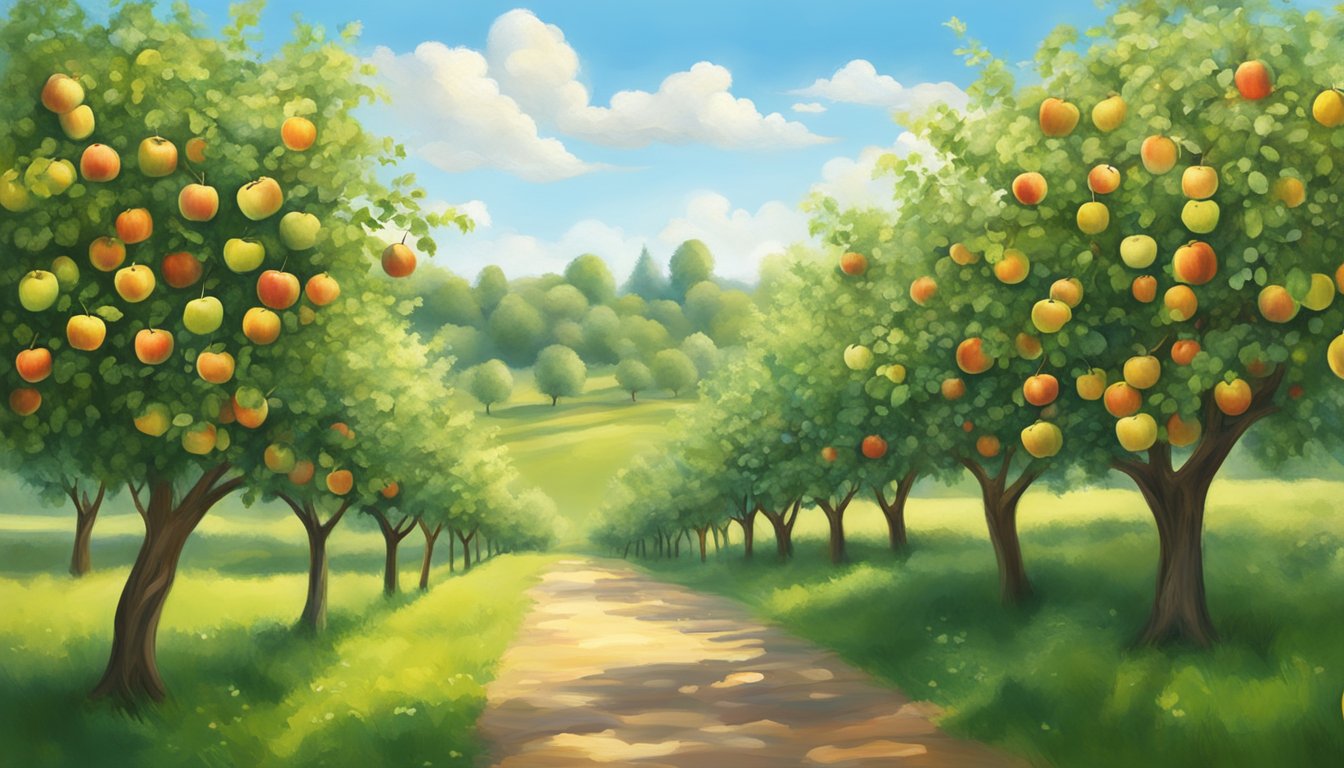 A serene orchard with ripe apples and clear blue skies, surrounded by green trees and fresh air