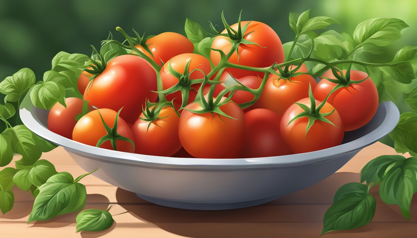 A bowl of ripe tomatoes surrounded by fresh green leaves