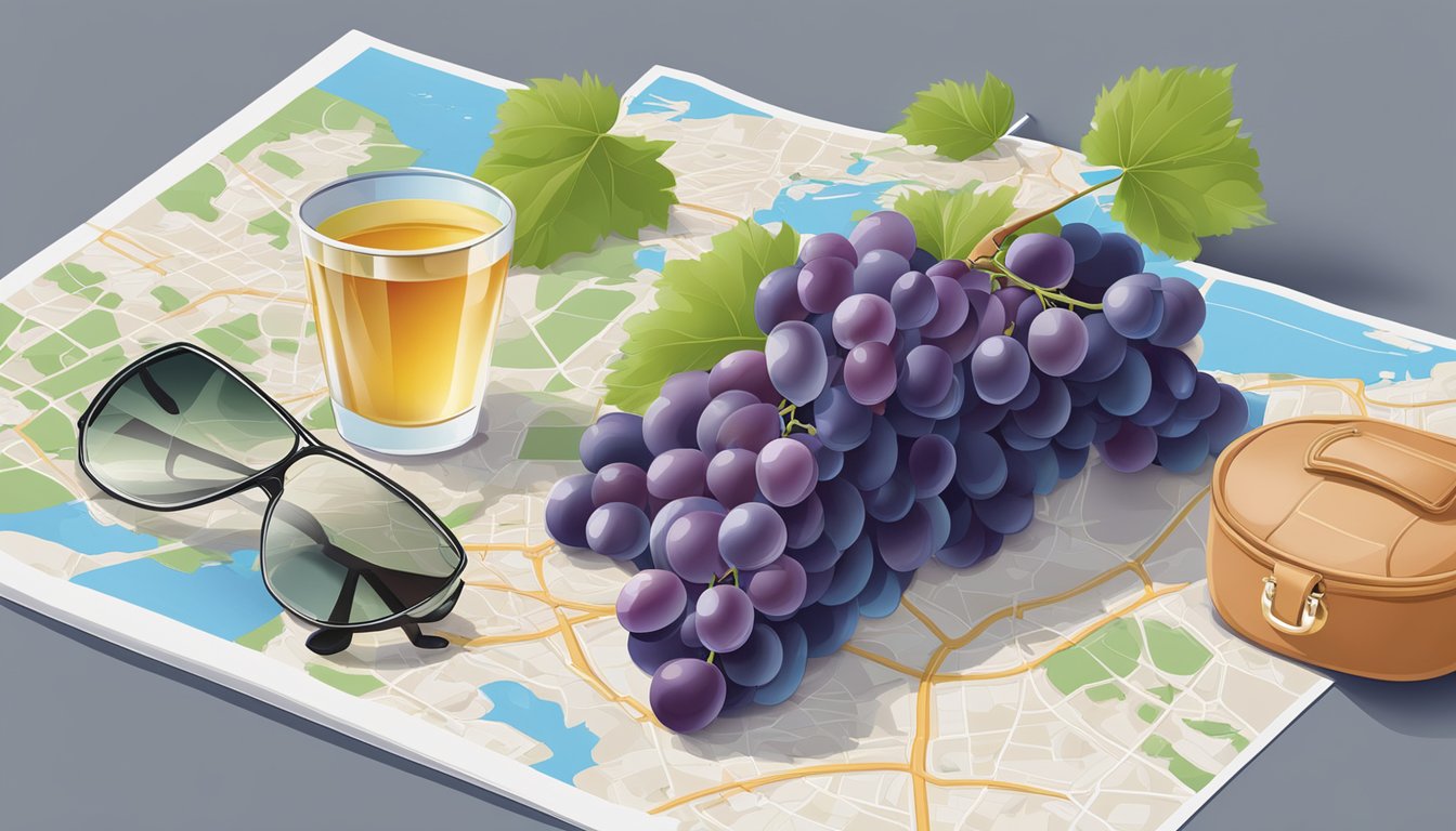 A bunch of grapes in a spill-proof container next to a map and sunglasses on a car seat