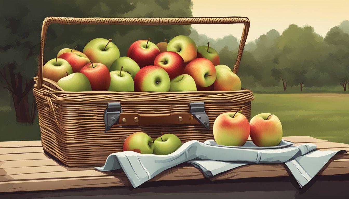 A picnic basket filled with whole, shiny apples and a stack of napkins, ready for a road trip