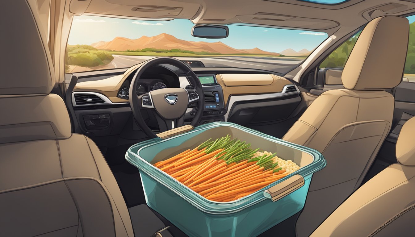 A container of hummus surrounded by neatly arranged carrot sticks on a stable surface in a car, with a scenic road in the background