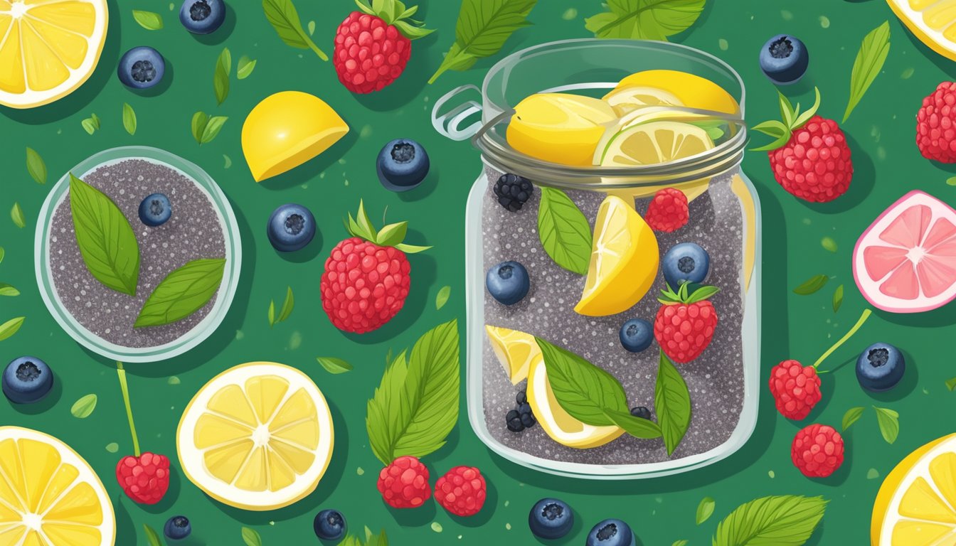 A glass jar filled with chia seed pudding topped with fresh berries and a sprinkle of coconut flakes, surrounded by vibrant green leaves and a sliced lemon