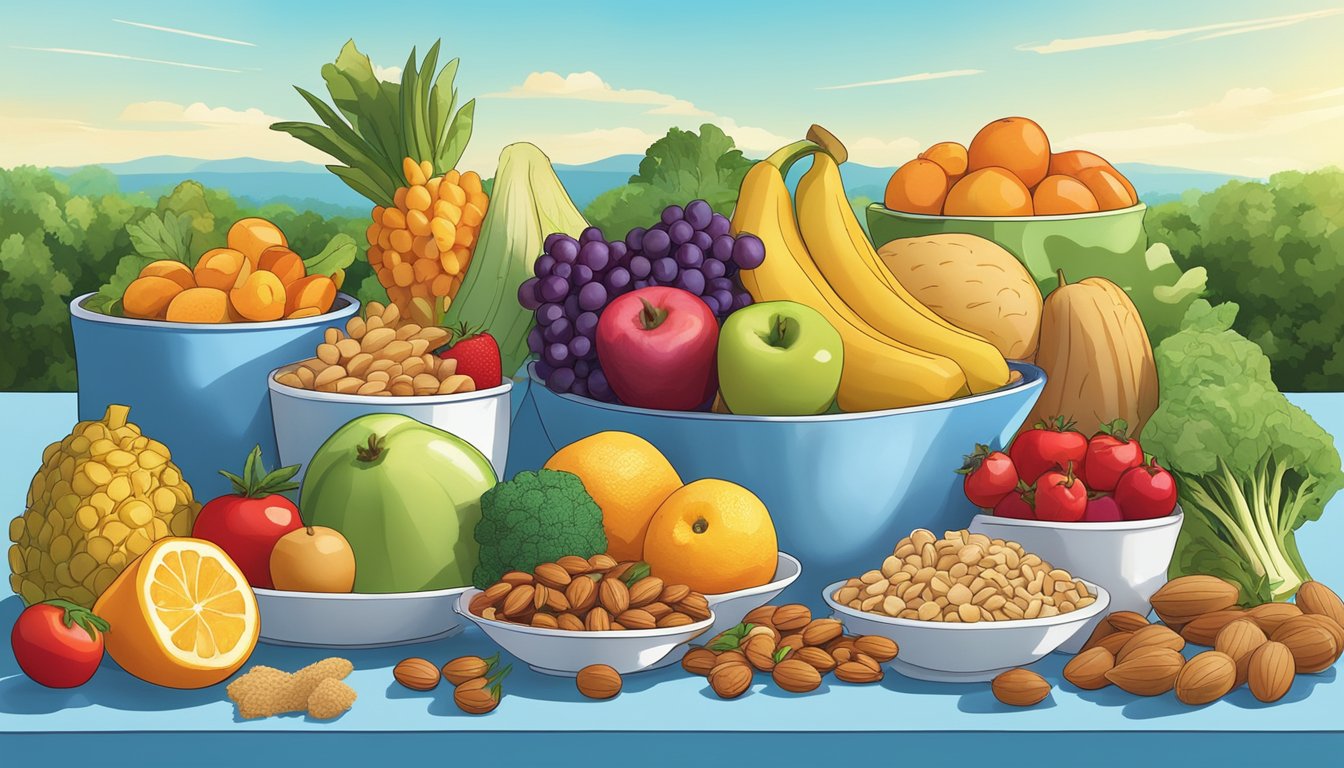 A colorful array of fruits, vegetables, nuts, and whole grains arranged on a table, with a clear blue sky and fresh air in the background