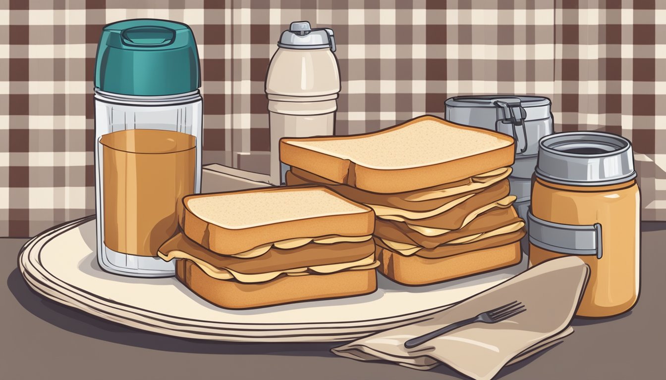 A neatly wrapped peanut butter sandwich sits in a picnic basket next to a thermos and a stack of napkins