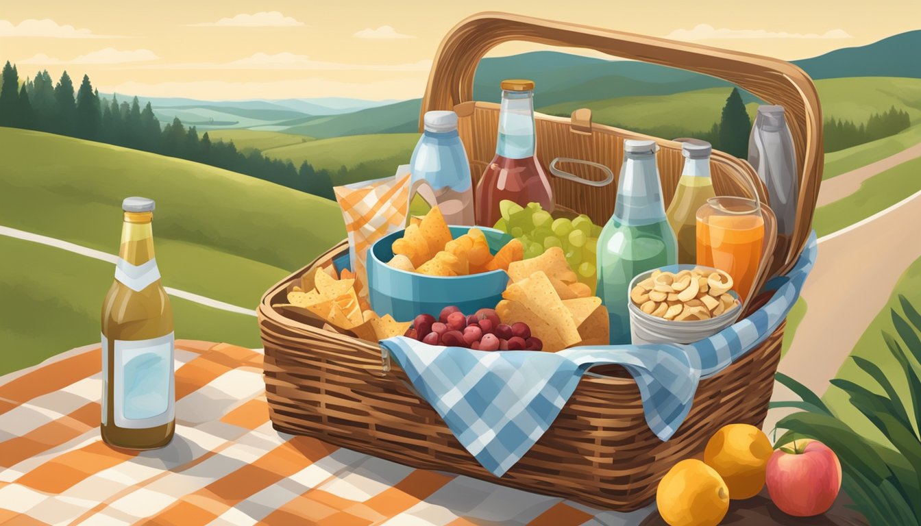 A neatly packed picnic basket with non-perishable, mess-free snacks and drinks, surrounded by a scenic road and rolling hills