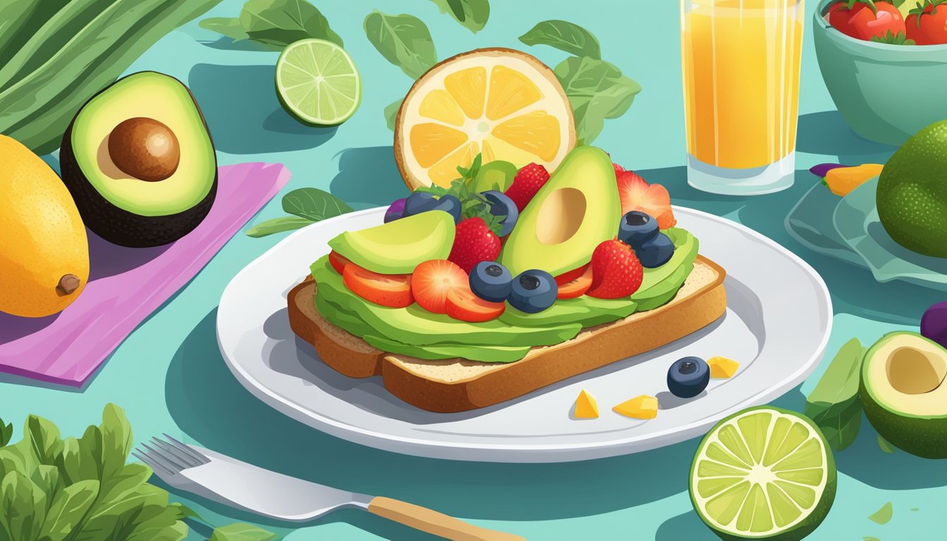 A table with a plate of avocado toast, surrounded by a colorful array of fresh fruits and vegetables, set against a bright, clean backdrop