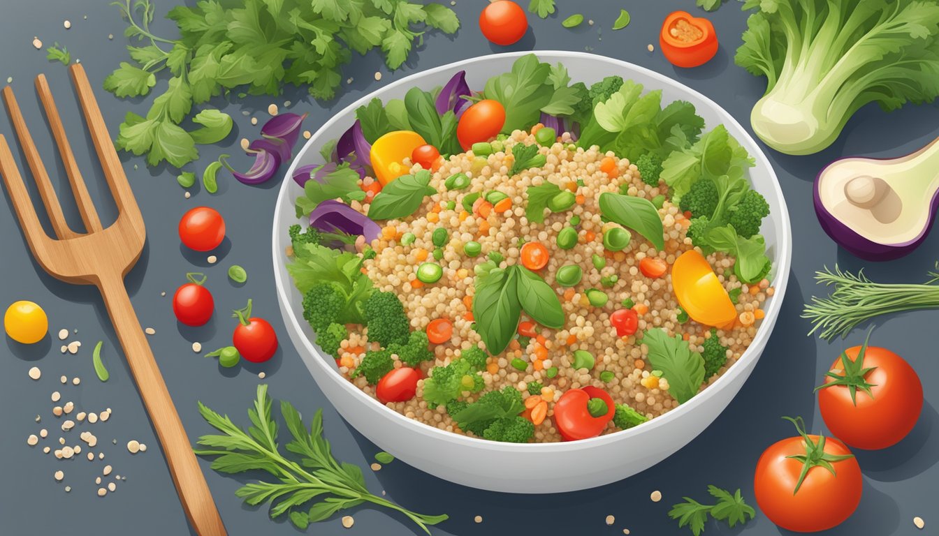 A vibrant bowl of quinoa salad surrounded by fresh vegetables and herbs, evoking a sense of health and renewal