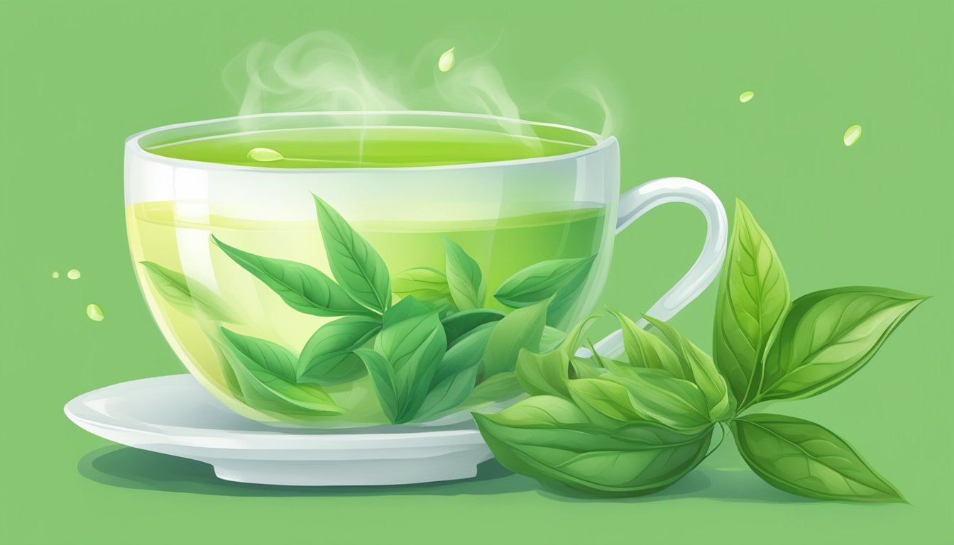 A steaming cup of green tea surrounded by fresh green tea leaves and a vibrant, healthy urinary tract