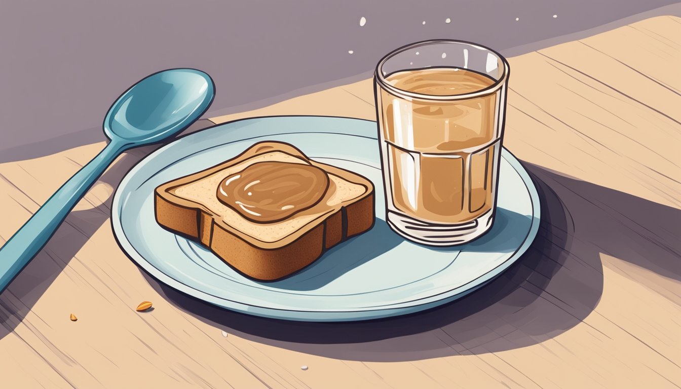 A slice of whole grain toast topped with almond butter on a plate, with a glass of water beside it