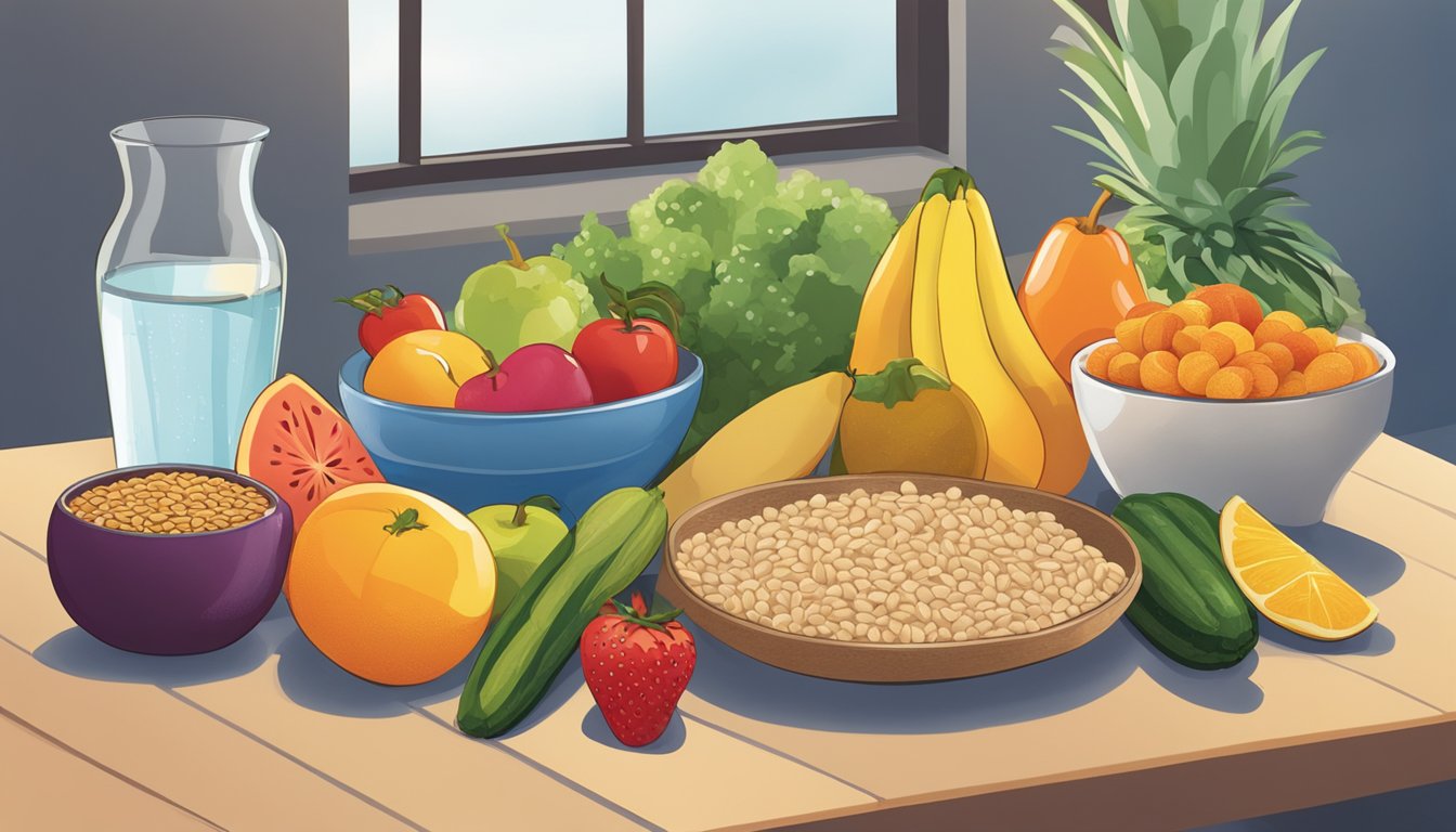 A colorful array of fruits, vegetables, and whole grains arranged on a table, with a glass of water nearby