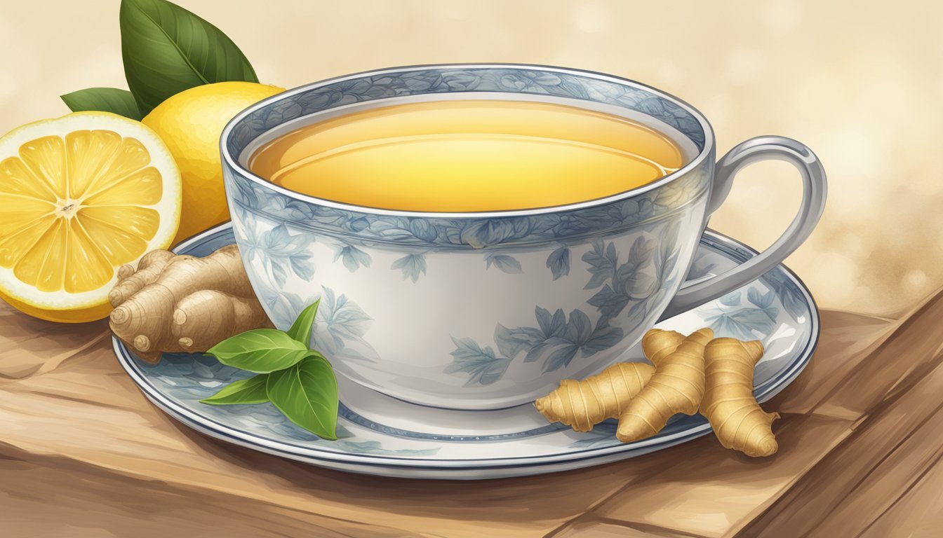 A steaming cup of ginger tea surrounded by fresh ginger root, lemon slices, and honey, with a warm, comforting atmosphere