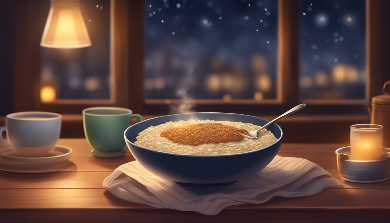 A steaming bowl of oatmeal topped with a sprinkle of cinnamon sits on a wooden table, surrounded by a cozy nighttime ambiance