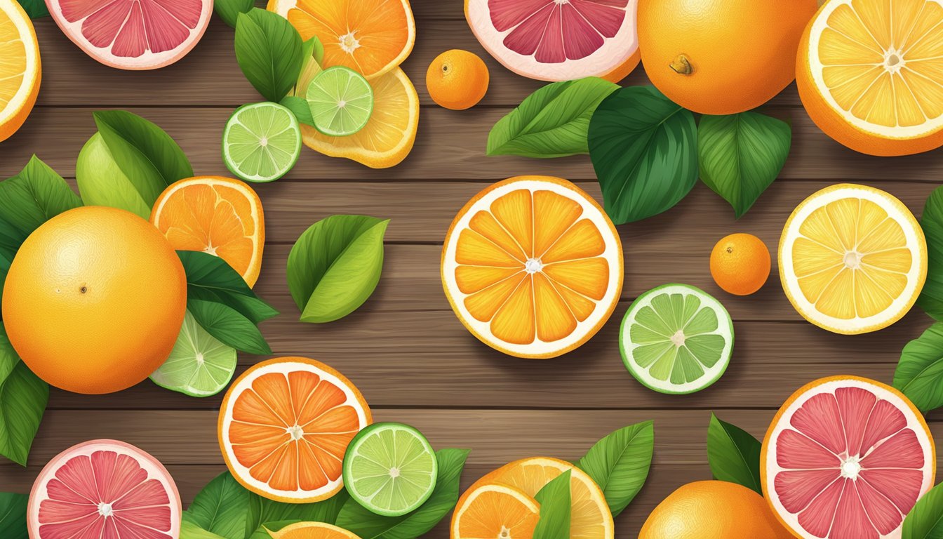 A vibrant assortment of citrus fruits arranged on a rustic wooden table, with slices of oranges, lemons, and grapefruits, surrounded by fresh green leaves and a few scattered seeds