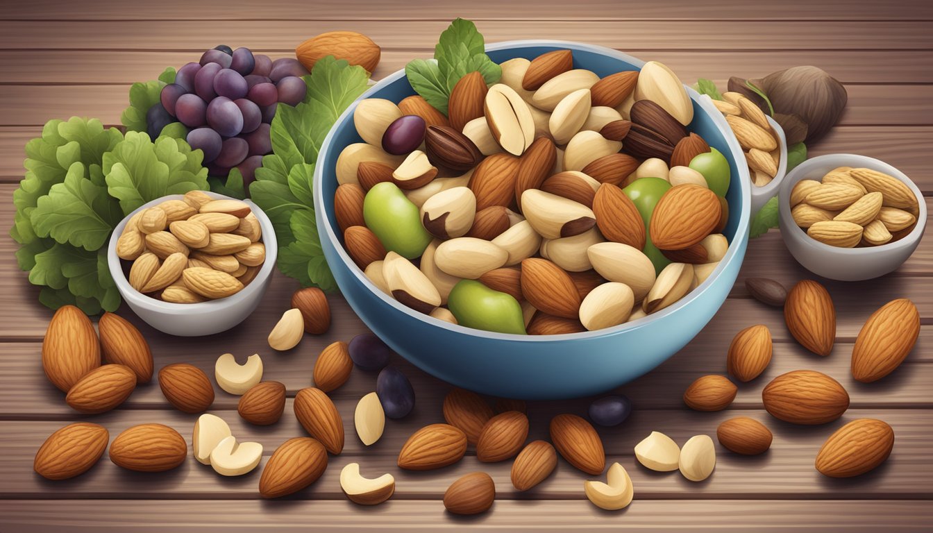 A bowl of mixed nuts, with a focus on almonds, surrounded by fresh fruits and vegetables on a wooden table