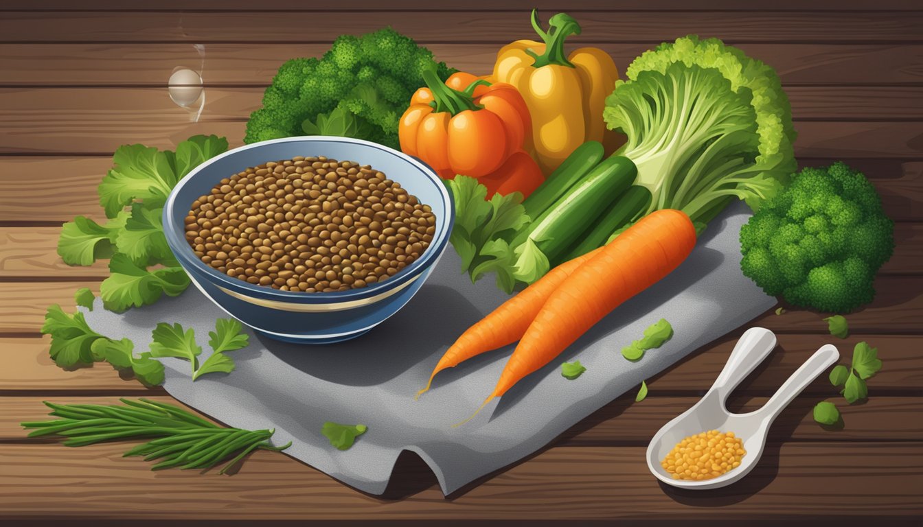 A bowl of lentils surrounded by fresh vegetables and a glass of water on a wooden table